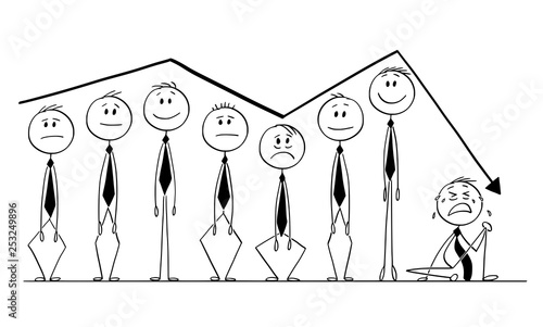 Cartoon stick figure drawing conceptual illustration of group of businessmen rising up and down following arrow of financial graph or chart. Business concept of market investment sentiment.