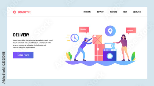 Vector web site design template. Delivery and shopping online. Courier deliver packages to door. Landing page concepts for website and mobile development. Modern flat illustration.