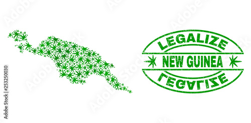 Vector marijuana New Guinea map mosaic and grunge textured Legalize stamp seal. Concept with green weed leaves. Concept for cannabis legalize campaign.