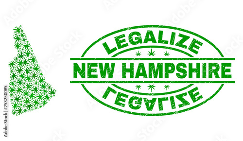 Vector marijuana New Hampshire State map mosaic and grunge textured Legalize stamp seal. Concept with green weed leaves. Concept for cannabis legalize campaign.