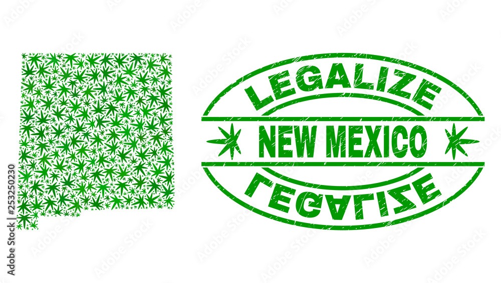 Vector cannabis New Mexico State map collage and grunge textured Legalize stamp seal. Concept with green weed leaves. Template for cannabis legalize campaign.