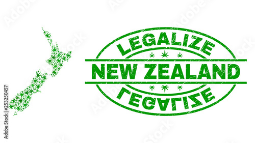 Vector cannabis New Zealand map mosaic and grunge textured Legalize stamp seal. Concept with green weed leaves. Concept for cannabis legalize campaign.