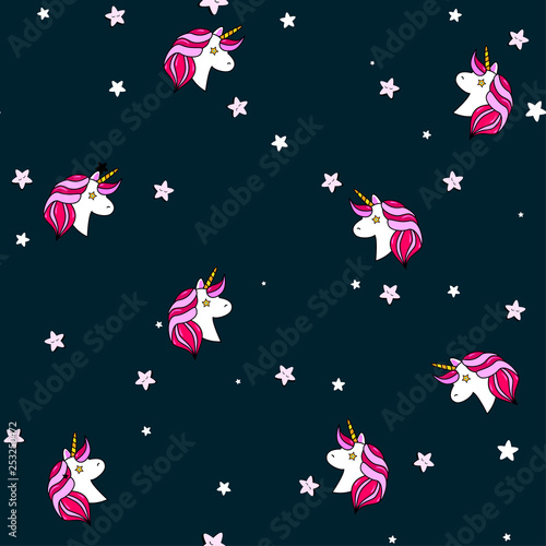 Seamless pattern with unicorn  Pegasus  pony head and stars.Cute  lovely magic background.Fantasy wallpaper. Vector illustration.Vector comic print in pop retro artstyle. Abstract background for girls