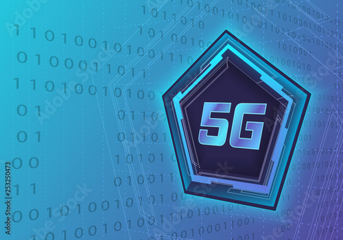 Abstract 5G symbol and background with binary code.