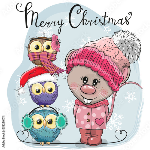 Greeting Christmas card Cute Rat and three Owls