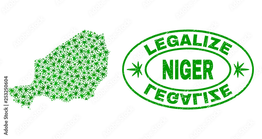 Vector cannabis Niger map mosaic and grunge textured Legalize stamp seal. Concept with green weed leaves. Concept for cannabis legalize campaign. Vector Niger map is designed with cannabis leaves.
