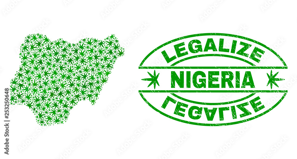 Vector cannabis Nigeria map mosaic and grunge textured Legalize stamp seal. Concept with green weed leaves. Concept for cannabis legalize campaign. Vector Nigeria map is composed of cannabis leaves.