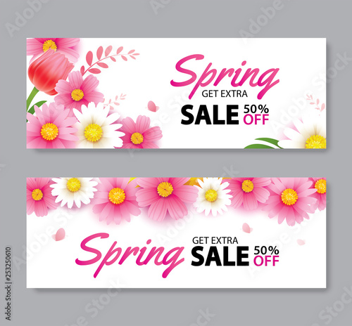 Spring sale cover banner with blooming flowers background template. Design for advertising, flyers, posters, brochure, invitation, voucher discount. © kaisorn
