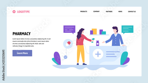 Vector web site design template. Woman buy drugs in pharmacy. Drugstore counter and doctor. Landing page concepts for website and mobile development. Modern flat illustration.