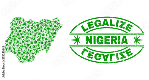 Vector cannabis Nigeria map mosaic and grunge textured Legalize stamp seal. Concept with green weed leaves. Concept for cannabis legalize campaign. Vector Nigeria map is composed of cannabis leaves.