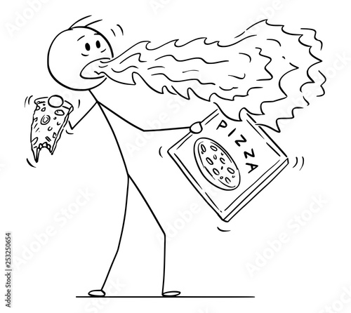 Cartoon stick figure drawing conceptual illustration of man with fire or flame coming from his mouth when eating hot pepper pizza.