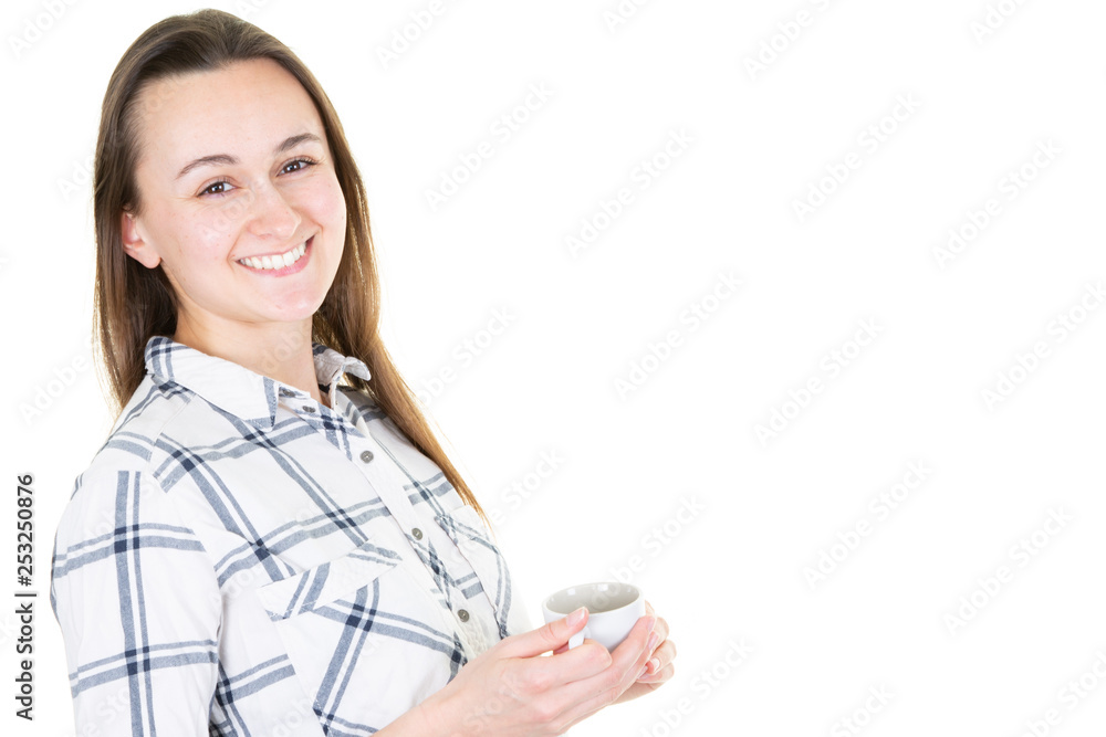 Young successful woman smiling girl in white background and side copy space Young successful woman smiling girl in white background and side copy space
