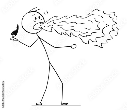 Cartoon stick figure drawing conceptual illustration of man with fire or flame coming from his mouth when eating hot chili pepper.