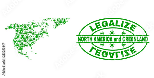 Vector cannabis North America and Greenland map collage and grunge textured Legalize stamp seal. Concept with green weed leaves. Concept for cannabis legalize campaign.