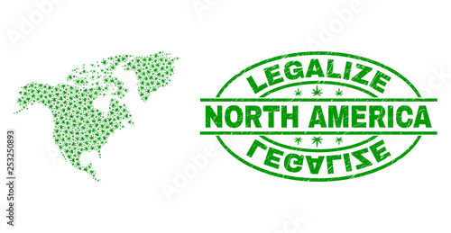 Vector cannabis North America map collage and grunge textured Legalize stamp seal. Concept with green weed leaves. Concept for cannabis legalize campaign.