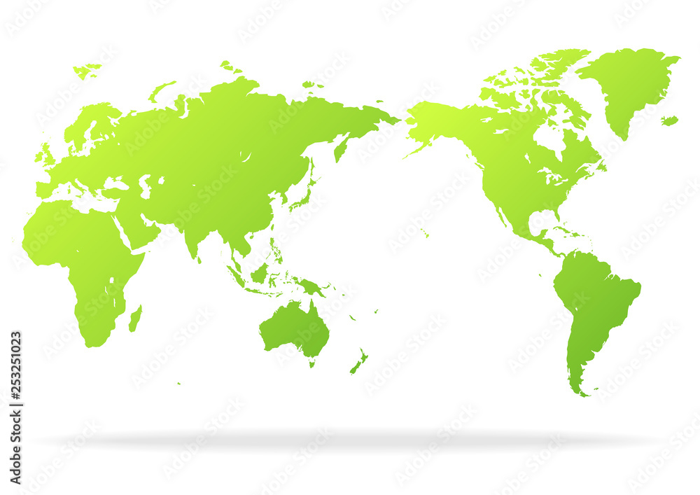 白色の背景と緑色のグラデーション世界地図と影