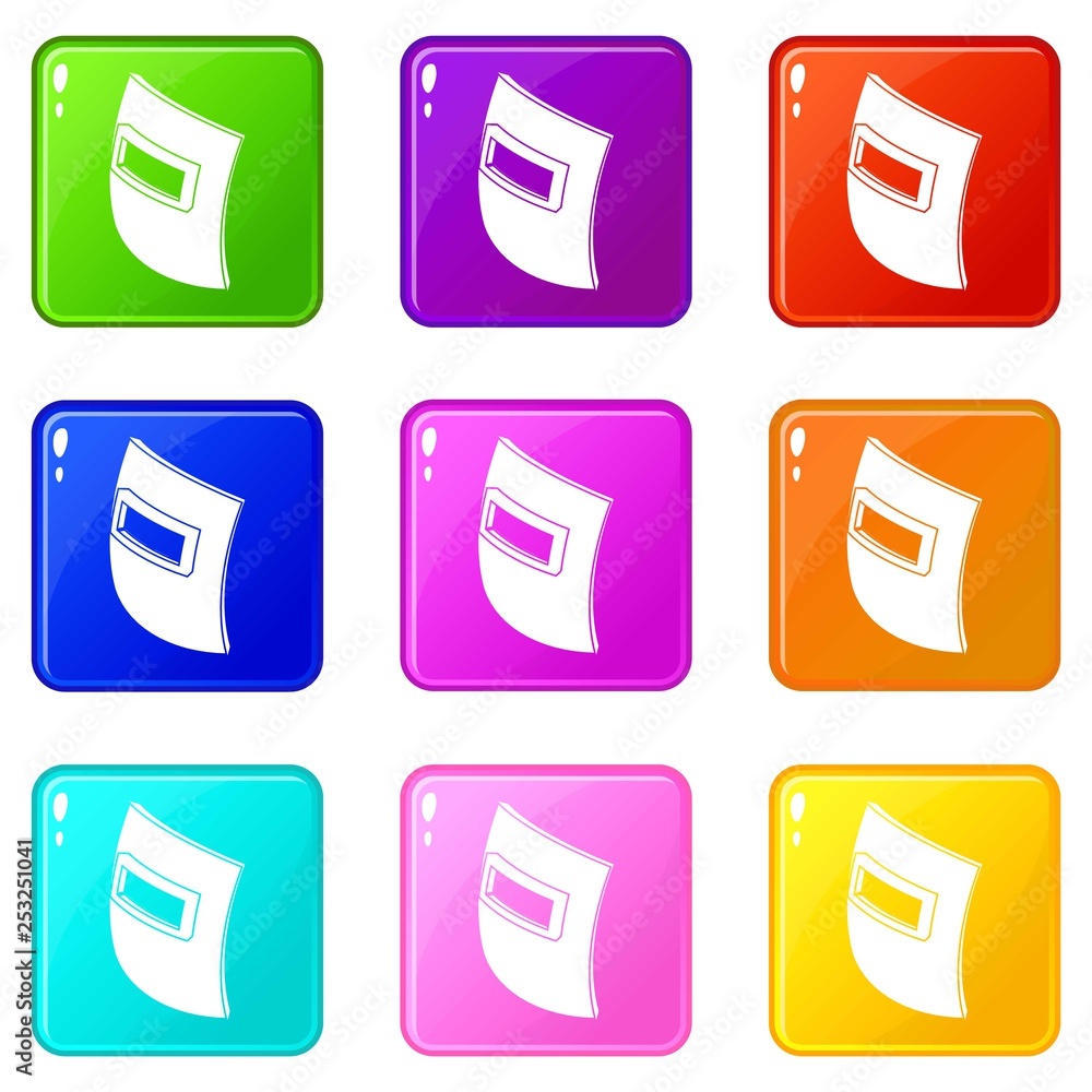 Square welding mask icons set 9 color collection isolated on white for any design