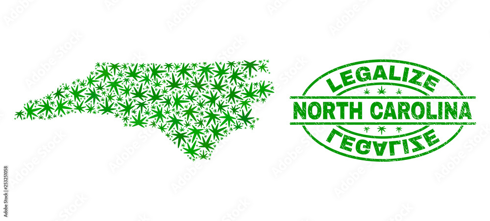 Vector cannabis North Carolina State map collage and grunge textured Legalize stamp seal. Concept with green weed leaves. Concept for cannabis legalize campaign.