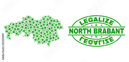 Vector cannabis North Brabant Province map mosaic and grunge textured Legalize stamp seal. Concept with green weed leaves. Template for cannabis legalize campaign.