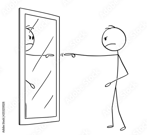 Cartoon stick figure drawing conceptual illustration of angry man pointing and blaming yourself or his reflection in mirror.