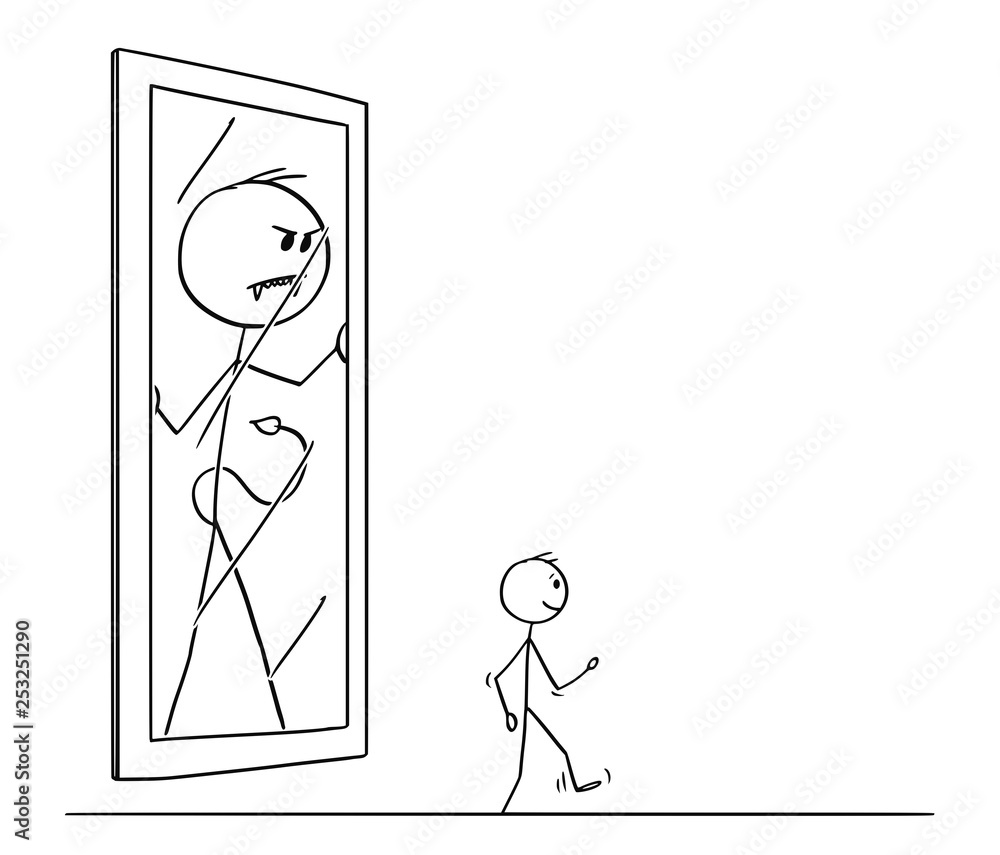 Cartoon stick figure drawing conceptual illustration of man leaving his  demon or devil yourself or personality in the mirror. Concept of  schizophrenia or mental disorder. Stock Vector | Adobe Stock
