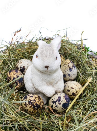 Osterhase in Osternest mit Wachteleiern