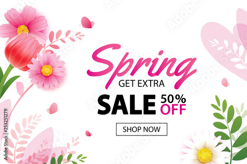 Spring sale banner with blooming flowers background template. Design for advertising, flyers, posters, brochure, invitation, voucher discount.