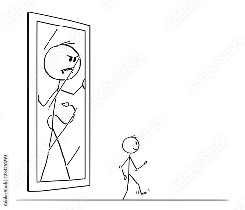 Cartoon stick figure drawing conceptual illustration of man leaving his demon or devil yourself or personality in the mirror. Concept of schizophrenia or mental disorder.