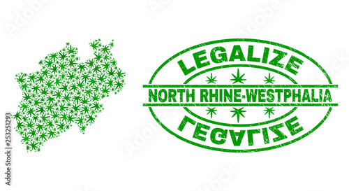 Vector cannabis North Rhine-Westphalia Land map mosaic and grunge textured Legalize stamp seal. Concept with green weed leaves. Concept for cannabis legalize campaign.