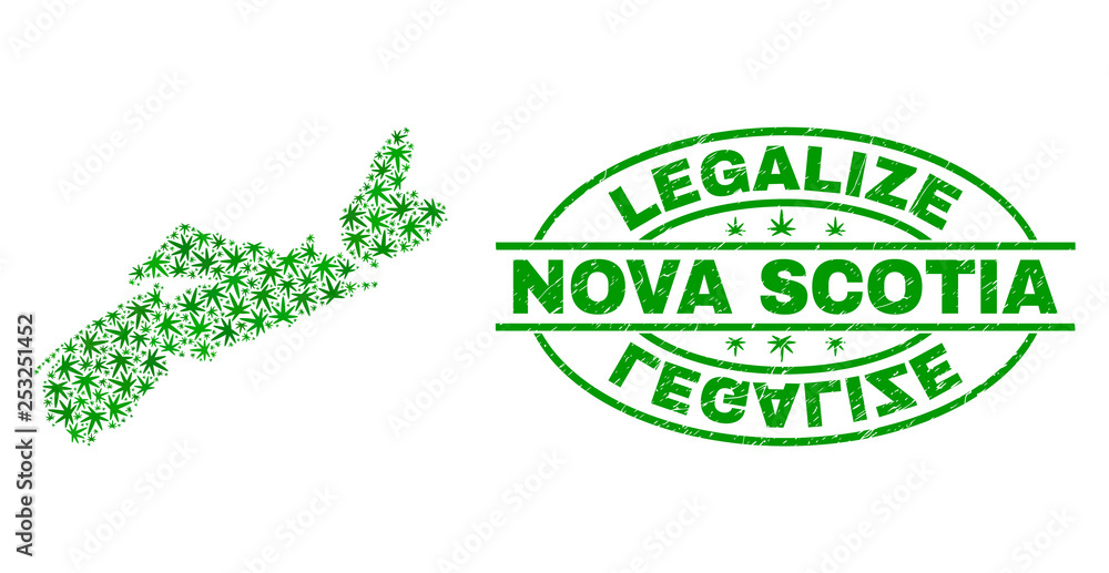 Vector cannabis Nova Scotia Province map mosaic and grunge textured Legalize stamp seal. Concept with green weed leaves. Concept for cannabis legalize campaign.