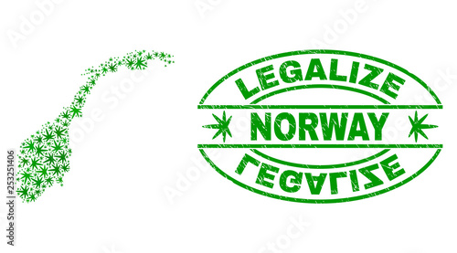 Vector cannabis Norway map collage and grunge textured Legalize stamp seal. Concept with green weed leaves. Concept for cannabis legalize campaign. Vector Norway map is composed with marijuana leaves.