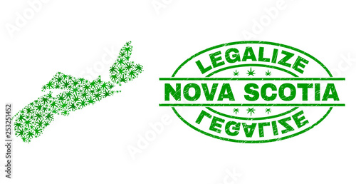 Vector cannabis Nova Scotia Province map mosaic and grunge textured Legalize stamp seal. Concept with green weed leaves. Concept for cannabis legalize campaign.