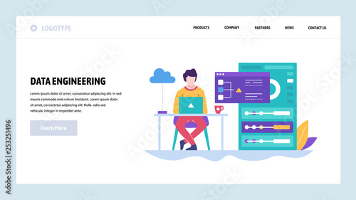 Vector web site design template. Software development, coder work behind laptop. Landing page concepts for website and mobile development. Modern flat illustration.