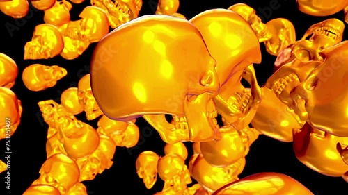 Abstract background with rotating colorful golden skulls. Vivid creative composition for art projects. Digital 3d animation.