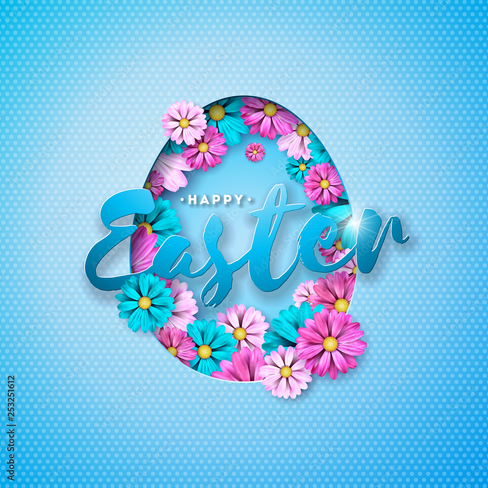 Plakat Vector Illustration of Happy Easter Holiday with Colorful Flower and Paper Cutting Egg Symbol on Shiny Blue Background. International Celebration Design with Typography for Greeting Card, Party