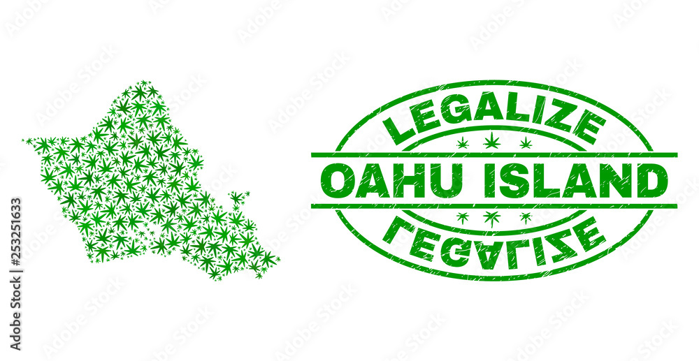 Vector cannabis Oahu Island map mosaic and grunge textured Legalize stamp seal. Concept with green weed leaves. Template for cannabis legalize campaign.