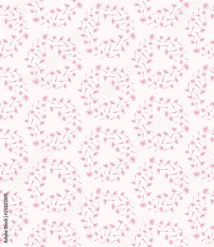 Vector floral seamless pattern with simple hand drawn stylized dandelion flower seeds. Thin lines doodle in pink color. Surface pattern design.