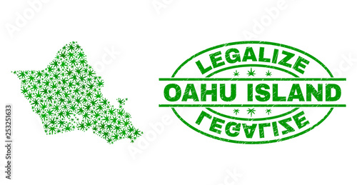 Vector cannabis Oahu Island map mosaic and grunge textured Legalize stamp seal. Concept with green weed leaves. Template for cannabis legalize campaign.