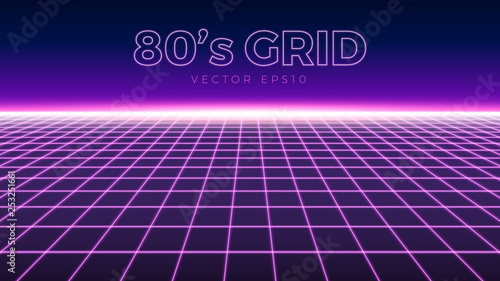 Perspective grid, retro 80s design element, neon colors
