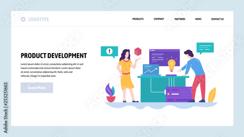 Vector web site design template. New product development, creatice idea. Team work in office. Landing page concepts for website and mobile development. Modern flat illustration.