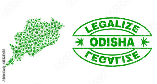 Vector cannabis Odisha State map mosaic and grunge textured Legalize stamp seal. Concept with green weed leaves. Concept for cannabis legalize campaign.