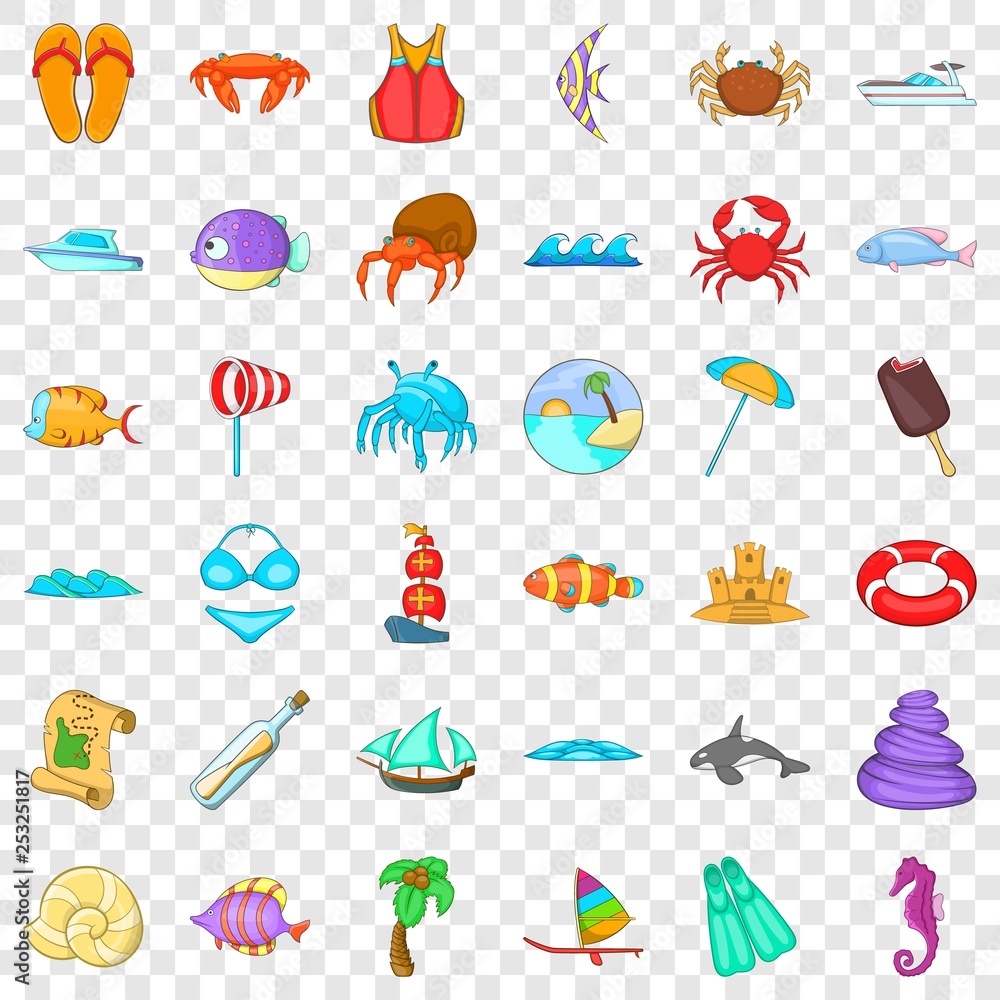 Beach vacantion icons set. Cartoon style of 36 beach vacantion vector icons for web for any design