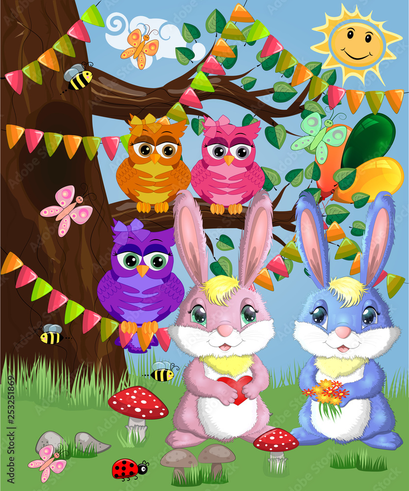 Two cute bunny in a forest glade. Boy and girl, concept spring, love Two cute bunny in a forest glade. Boy and girl, concept spring, love
