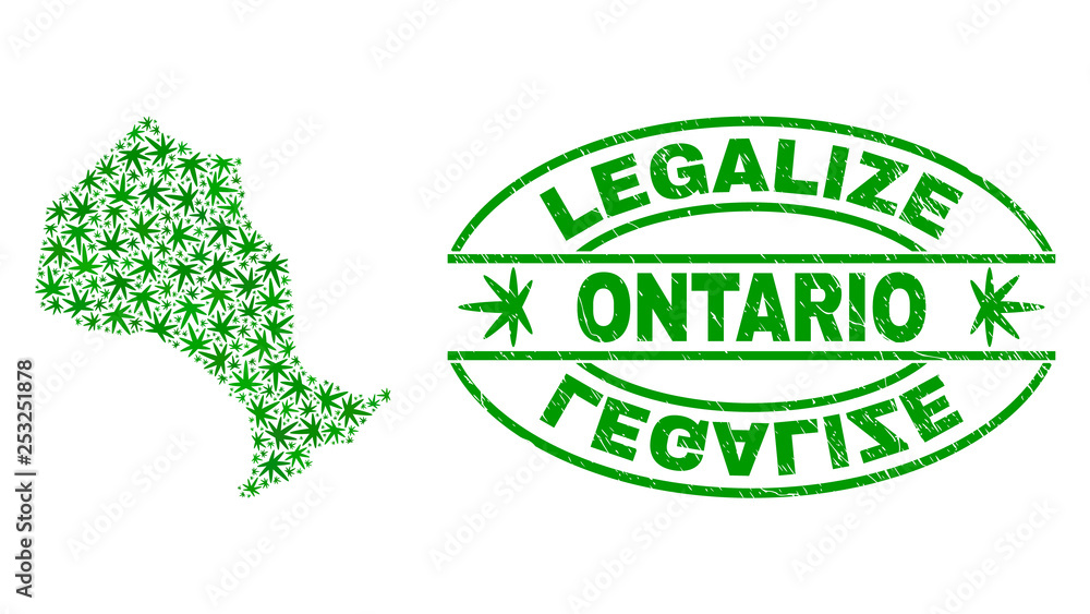 Vector cannabis Ontario Province map collage and grunge textured Legalize stamp seal. Concept with green weed leaves. Concept for cannabis legalize campaign.