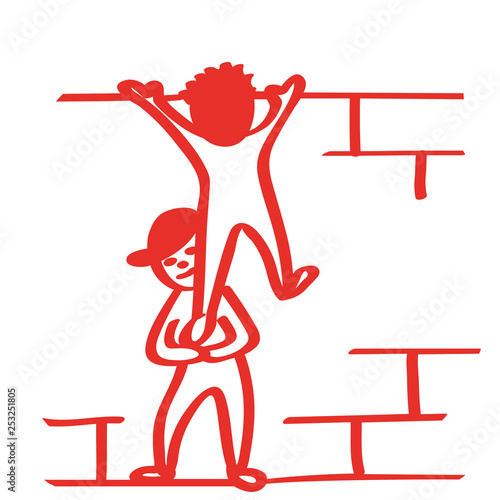 Handgezeichnete Männchen klettern über Mauer in rot