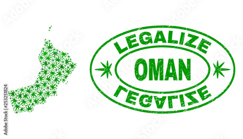 Vector cannabis Oman map collage and grunge textured Legalize stamp seal. Concept with green weed leaves. Template for cannabis legalize campaign. Vector Oman map is created with weed leaves.