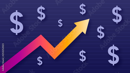 Graph show value growth of dollar, modern trendy colors, gradient arrow and purple usd symbols