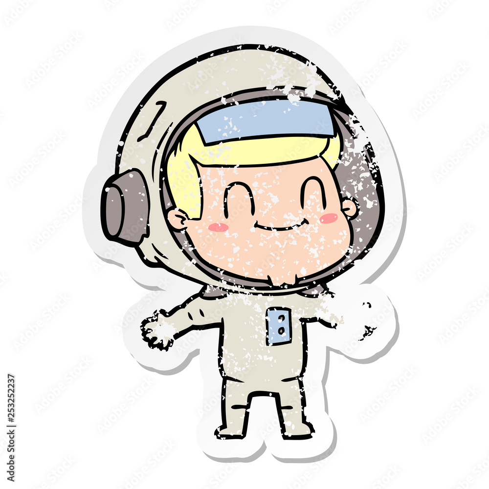 distressed sticker of a happy cartoon astronaut man