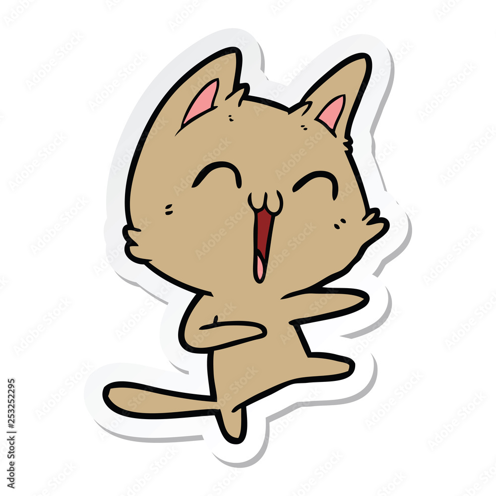 sticker of a happy cartoon cat meowing sticker of a happy cartoon cat meowing