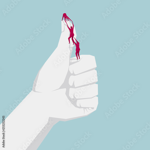 Businessman climbs on the hand. Isolated on blue background.
